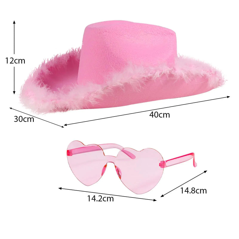 Pink Cowgirl Costume SET for Women Girl:cowboy Hat with Feathers,Space Skirt,HEART-SHAPED GLASSES, halloween accessories