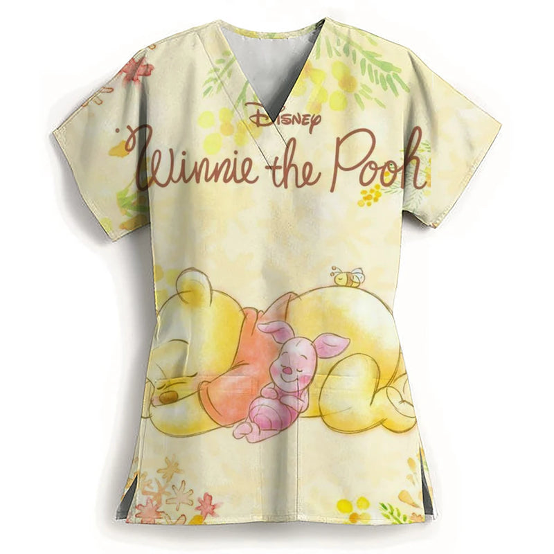 Winnie The Pooh Clinic Hospital Nurse Workwear Teeth 3D Printing T-shirt Women's V-neck Pocket Medical Clothing Nursing Top Work