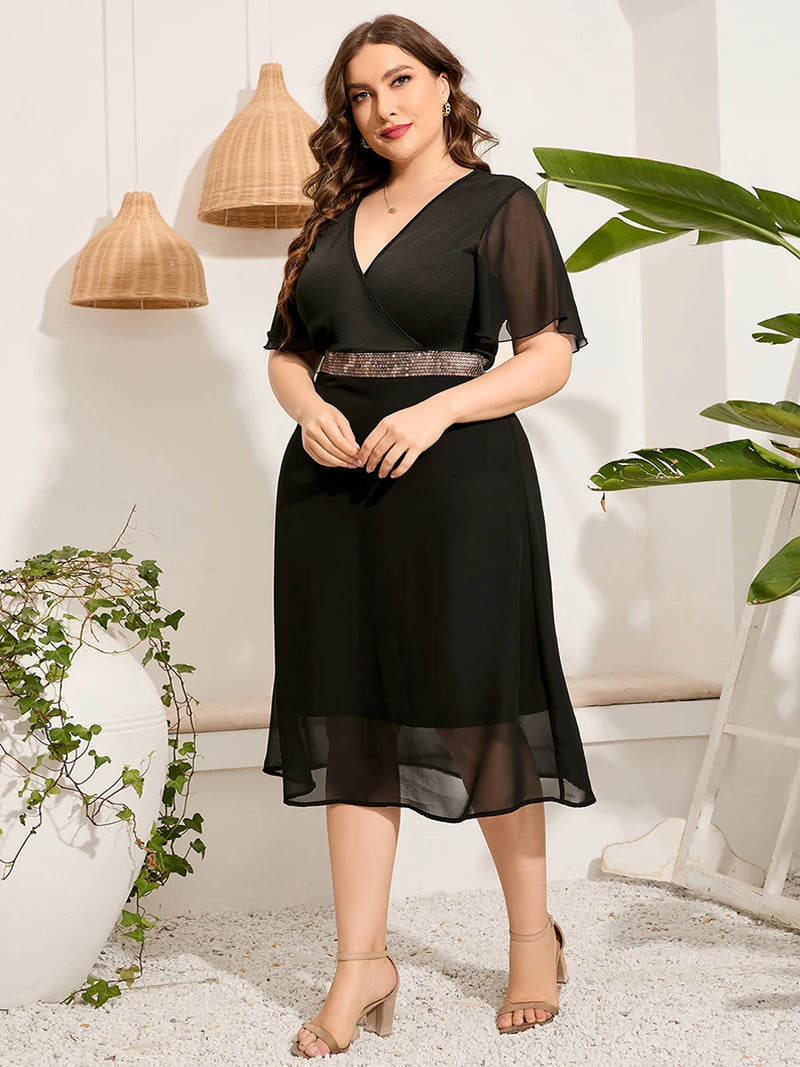 5XL Plus Size Casual Dress Woman 2024 Summer Female V Neck Short Sleeve Sequined Waist Elegant Party Dress Black Long Dresses
