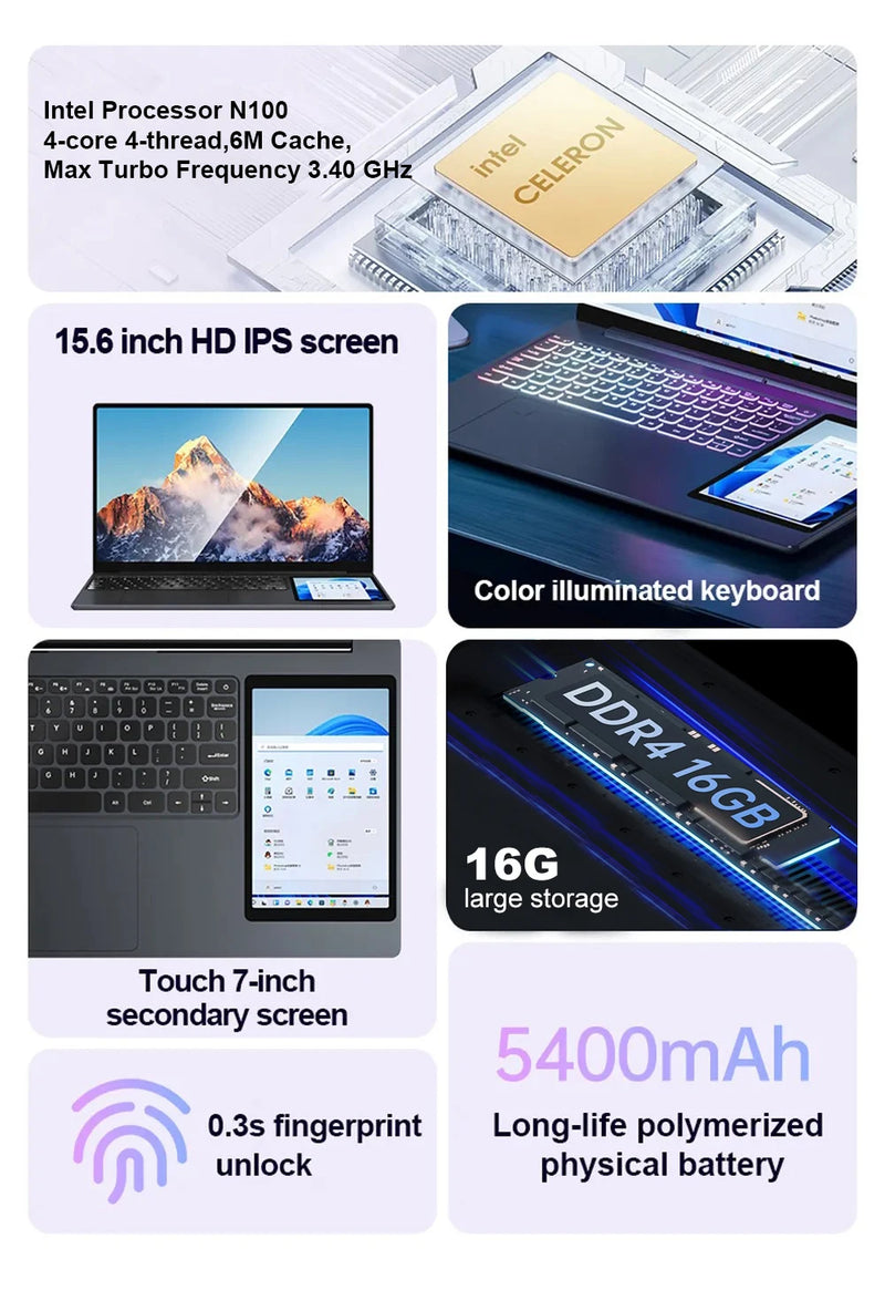 CRELANDER X15 Dual Screen Laptop 15.6" IPS+7" Touch Screen 16G DDR4 2TB SSD Intel N100 Processor Windows11 Notebook Computer