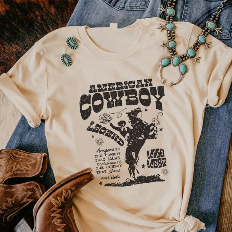 American Cowboy Women 70s Retro Oversized T Shirt Western Cowgirl Vintage Graphic T-Shirts Tees Hippie Boho Fashion Tshirt Tops