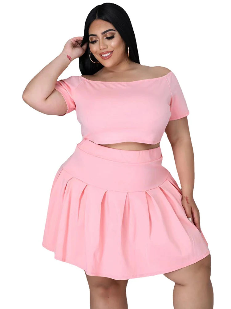 5xl Plus Size Women Clothing Wholesale Summer Outfits Crop Tops and Pleated Skirt Tracksuit Sweet Dress Suits Dropshipping