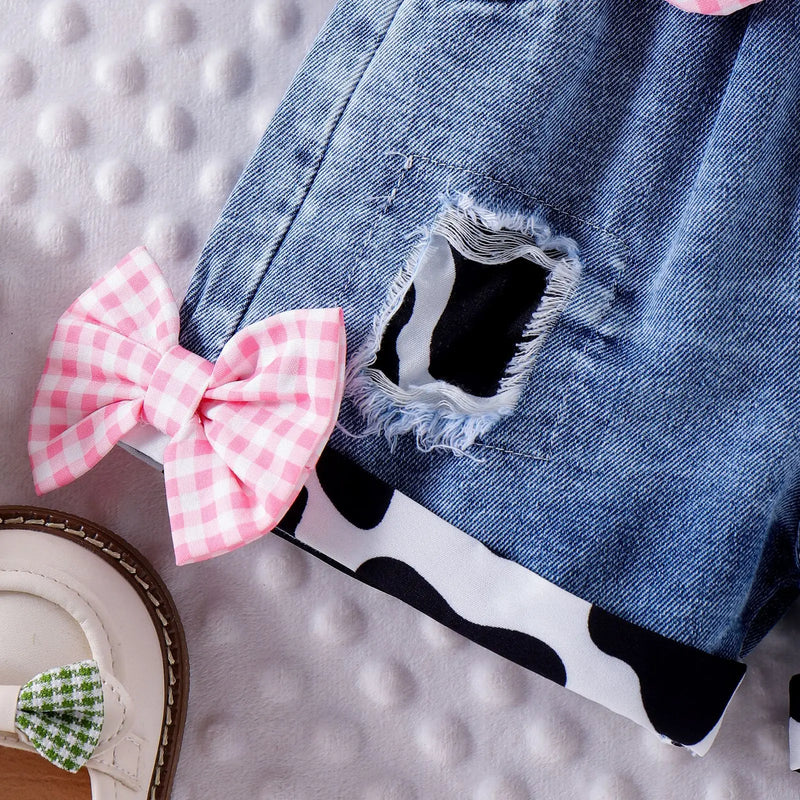 Kids Girls Western Cowgirl Outfit Cow Print Off Shoulder Smocked Shirt Top with Denim Shorts Daily School Party Holiday Costume