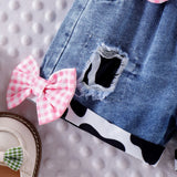 Baby Girls Summer Western Cowgirl Outfit Cow Print Off Shoulder Smocked Shirt Top with Denim Shorts for Daily School Party Wear