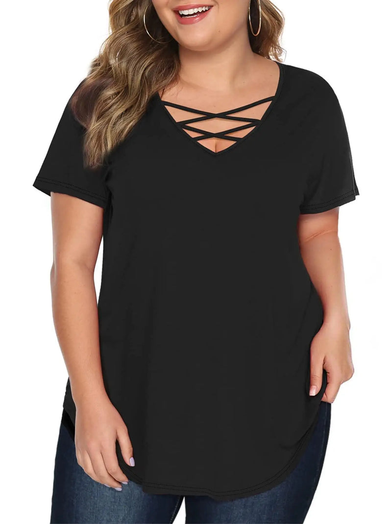 Plus Size 1XL-5XL Women Fashion Solid Ribbed T-Shirt Ladies Casual  V Neck Long Sleeve T-Shirt Women's Plus Size Clothing