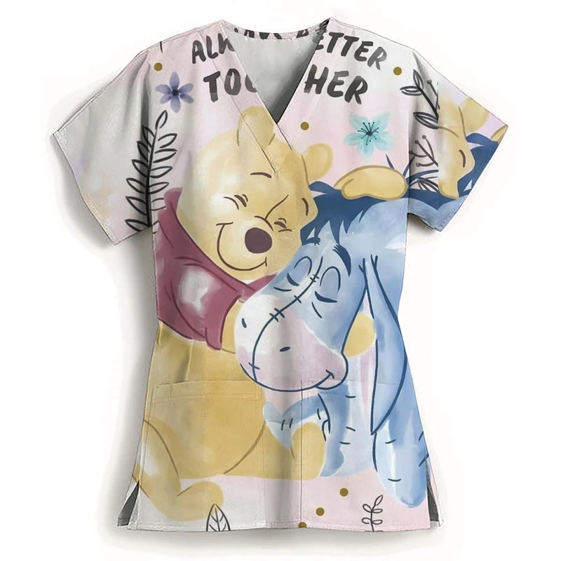 Winnie The Pooh Clinic Hospital Nurse Workwear Teeth 3D Printing T-shirt Women's V-neck Pocket Medical Clothing Nursing Top Work