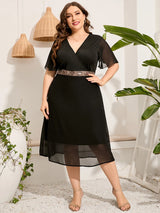 5XL Plus Size Casual Dress Woman 2024 Summer Female V Neck Short Sleeve Sequined Waist Elegant Party Dress Black Long Dresses