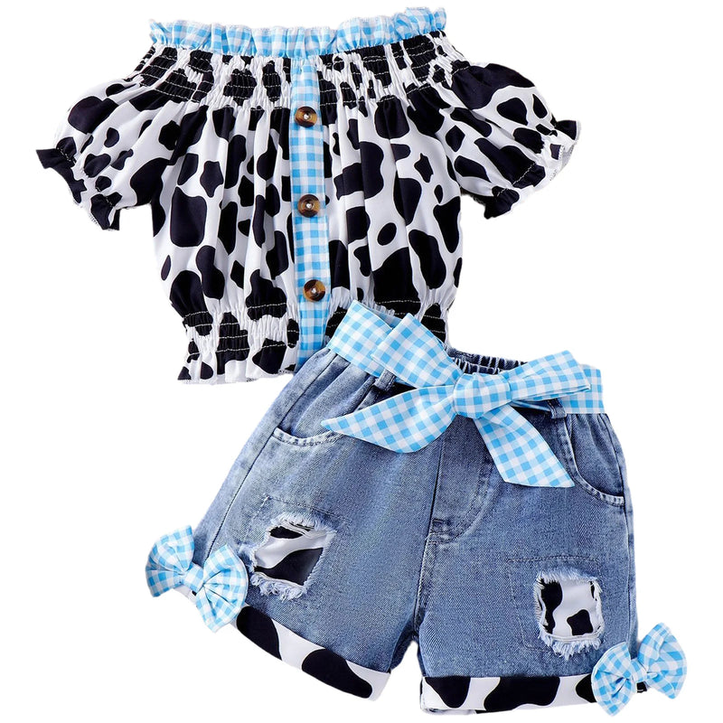 Kids Girls Western Cowgirl Outfit Cow Print Off Shoulder Smocked Shirt Top with Denim Shorts Daily School Party Holiday Costume
