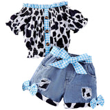 Little Girls Western Cowgirl Outfit Cow Print Off Shoulder Smocked Shirt Top with Denim Shorts Summer Daily School Party Clothes