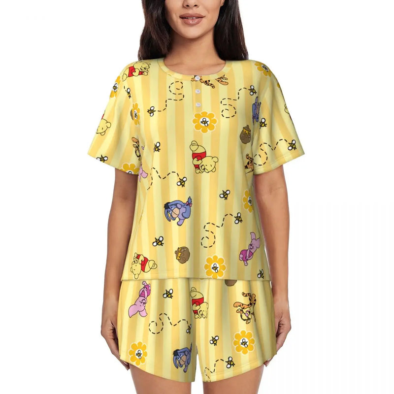 Custom Winnie The Pooh Pajama Sets Womens 2 Piece Short Sleeve Pjs Shorts Sleepwear