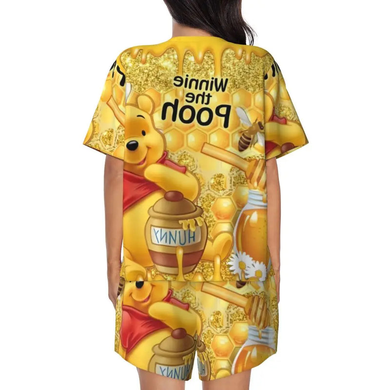 Custom Winnie The Pooh Pajama Sets Womens 2 Piece Short Sleeve Pjs Shorts Sleepwear
