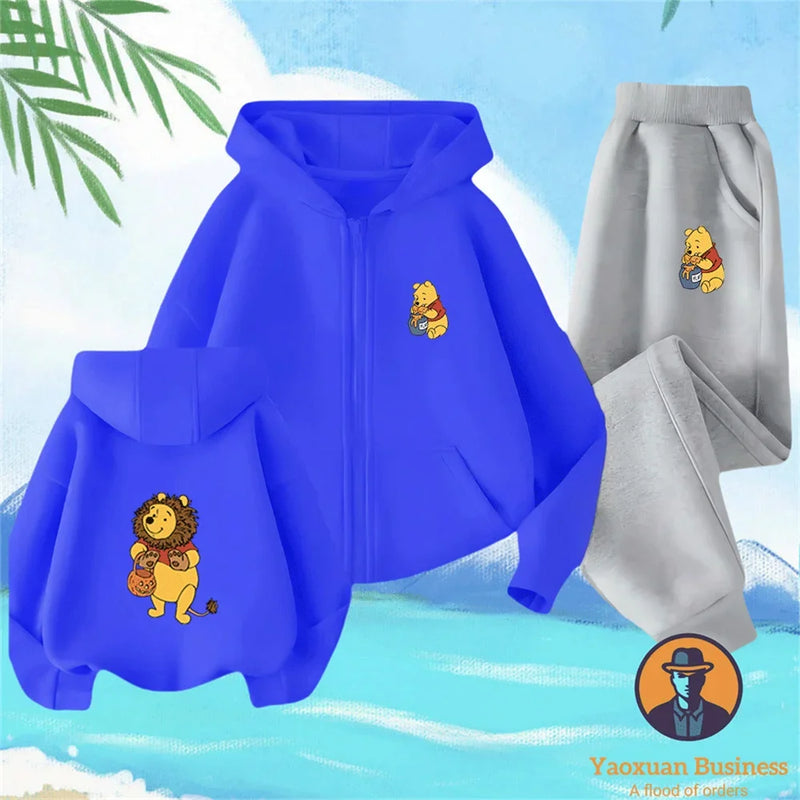 Winnie The Pooh Spring Autumn Cute 2Pcs Casual Hoodie+Pants Tracksuits 3-14 Years Boys Girls Outfits Children Clothes