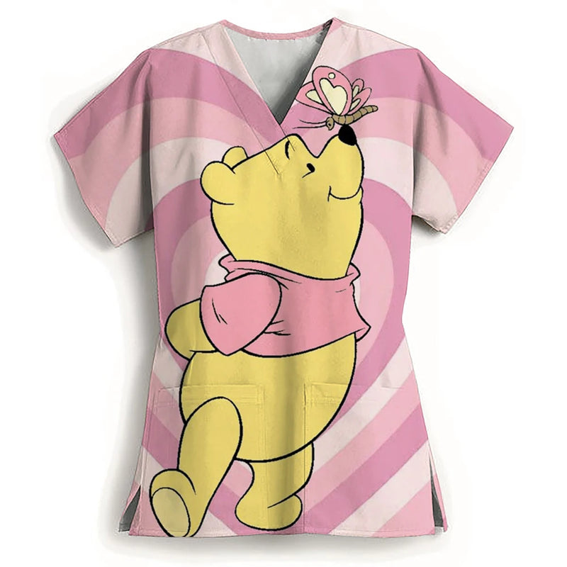 Winnie The Pooh Heart Nurse Uniform Print Tops V-Neck Pocket Medical Uniforms Nursing Scrubs Tops Working Clothes Uniforme Enfer