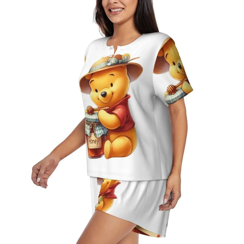 Custom Winnie The Pooh Pajama Sets Womens 2 Piece Short Sleeve Pjs Shorts Sleepwear