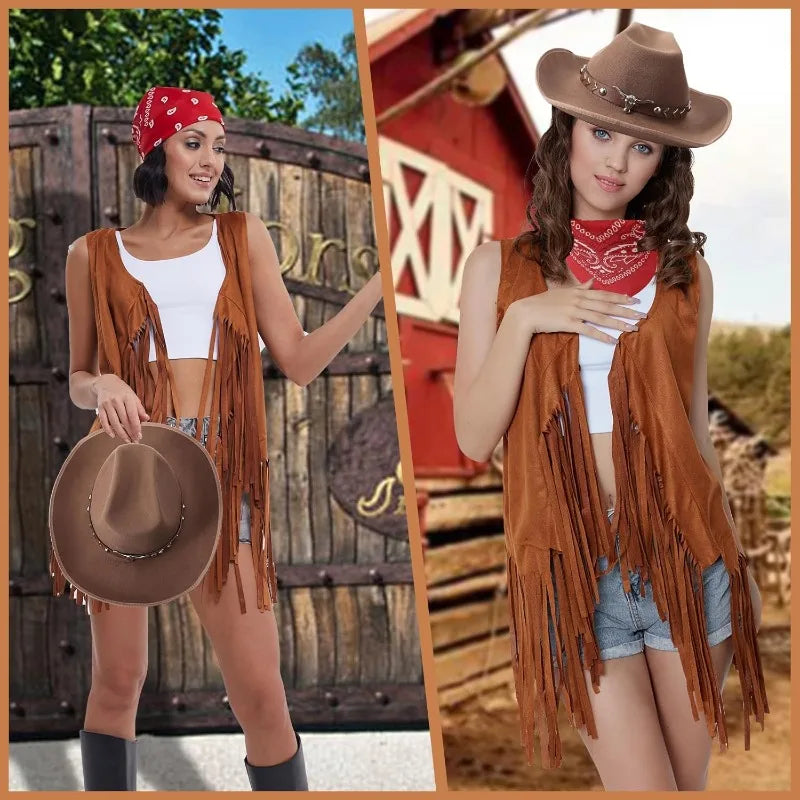 3 Pcs Women Cowboy Cowgirl Costume Faux Suede Tassel Vest Waistcoat with Rivets Cowboy Hat Carnival Party Clothes Clubwear
