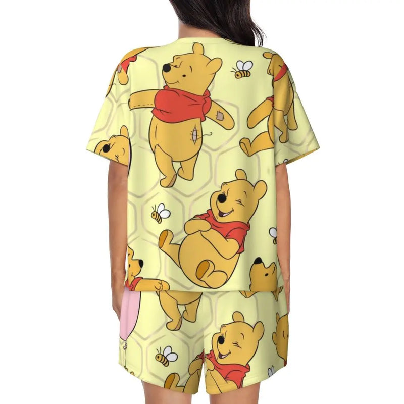 Custom Winnie The Pooh Pajama Sets Womens 2 Piece Short Sleeve Pjs Shorts Sleepwear