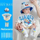 Newborn Baby Boys Girls Rompers+Sock+Hat 3pcs Set Cartoon Mickey Pooh Donald Duck Print Cotton Clothes Jumpsuit Infant Bodysuits