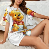 Custom Winnie The Pooh Pajama Sets Womens 2 Piece Short Sleeve Pjs Shorts Sleepwear