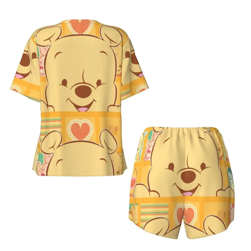 Custom Winnie The Pooh Pajama Sets Womens 2 Piece Short Sleeve Pjs Shorts Sleepwear