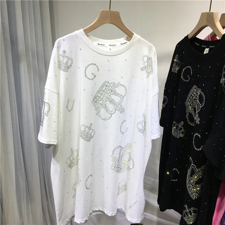 XL-4XL Plus Size T-shirts for Women Crown Rhinestone Luxury Loose Summer Short Sleeve Tops Womens Clothing Занзеа Женская Одежда