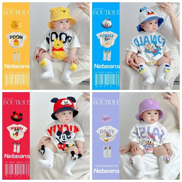 Newborn Baby Boys Girls Rompers+Sock+Hat 3pcs Set Cartoon Mickey Pooh Donald Duck Print Cotton Clothes Jumpsuit Infant Bodysuits