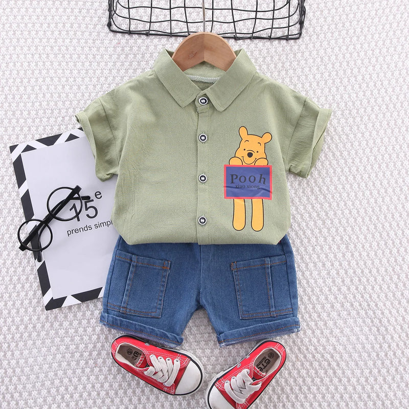 Baby Boy Clothes Winnie the Pooh Short sleeve Shirt +Denim 2pcs gentleman Clothes Toddler boys Clothing Sets