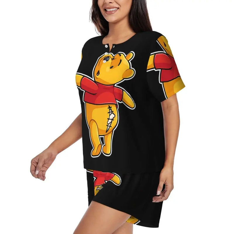 Custom Winnie The Pooh Pajama Sets Womens 2 Piece Short Sleeve Pjs Shorts Sleepwear