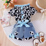Kids Girls Western Cowgirl Outfit Cow Print Off Shoulder Smocked Shirt Top with Denim Shorts Daily School Party Holiday Costume