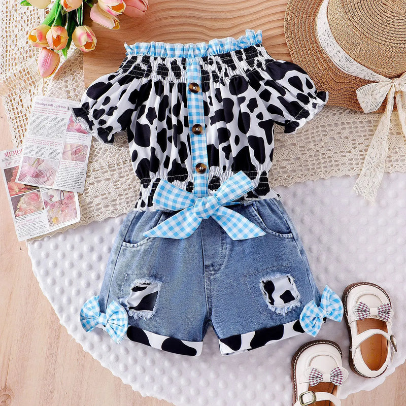 Little Girls Western Cowgirl Outfit Cow Print Off Shoulder Smocked Shirt Top with Denim Shorts Summer Daily School Party Clothes