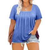 5XL Plus Size Woman Clothing Solid Color Short Sleeve T-shirt Elegant Pleated Square Neck Casual Tees Large Size Ladies Tops