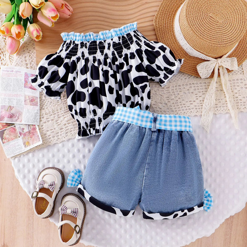 Kids Girls Western Cowgirl Outfit Cow Print Off Shoulder Smocked Shirt Top with Denim Shorts Daily School Party Holiday Costume