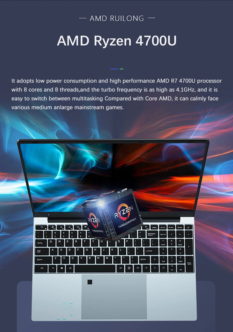 Ultrabook Laptop 15.6 inch AMD R7 4700U Backlit Keyboard Windows11 32GB DDR4 2TB Fingerprint Unlock Gaming Laptop Computer