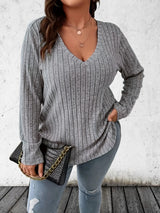 Women Fashion Plus Size 1XL-5XL Solid Ribbed T-Shirt Ladies Casual  V Neck Long Sleeve T-Shirt Women's Plus Size Clothing