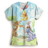 Winnie The Pooh Clinic Hospital Nurse Workwear Teeth 3D Printing T-shirt Women's V-neck Pocket Medical Clothing Nursing Top Work