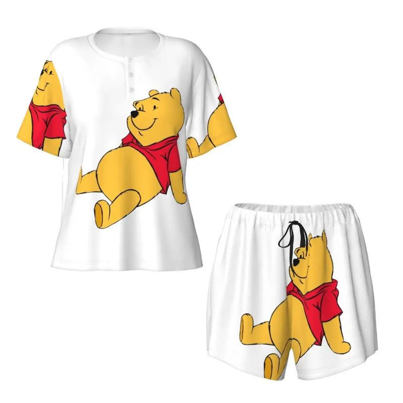 Custom Winnie The Pooh Pajama Sets Womens 2 Piece Short Sleeve Pjs Shorts Sleepwear