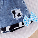 Kids Girls Western Cowgirl Outfit Cow Print Off Shoulder Smocked Shirt Top with Denim Shorts Daily School Party Holiday Costume