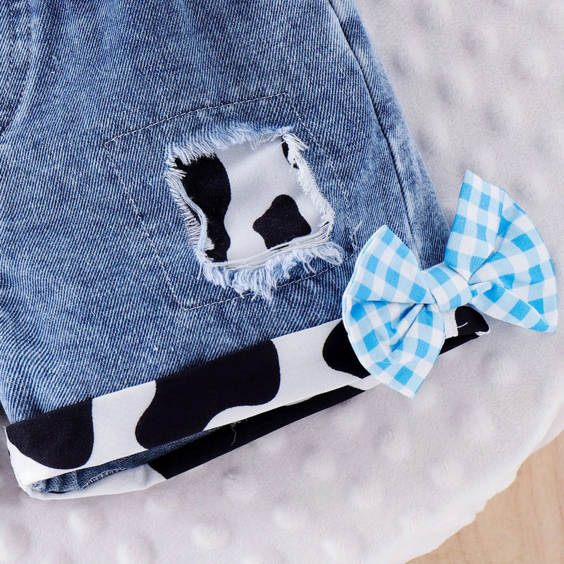 Baby Girls Summer Western Cowgirl Outfit Cow Print Off Shoulder Smocked Shirt Top with Denim Shorts for Daily School Party Wear