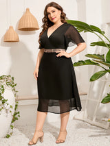 5XL Plus Size Casual Dress Woman 2024 Summer Female V Neck Short Sleeve Sequined Waist Elegant Party Dress Black Long Dresses