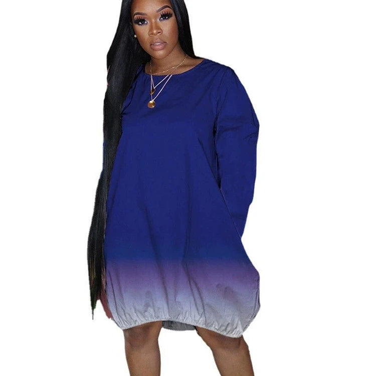 New XL Plus Size Women's Clothing from Europe and America; Casual Gradient Long Sleeve Dress
