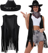 3 Pcs Women Cowboy Cowgirl Costume Faux Suede Tassel Vest Waistcoat with Rivets Cowboy Hat Carnival Party Clothes Clubwear