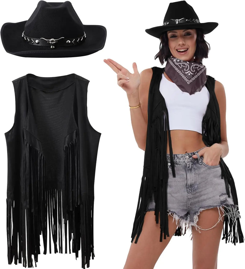 3 Pcs Women Cowboy Cowgirl Costume Faux Suede Tassel Vest Waistcoat with Rivets Cowboy Hat Carnival Party Clothes Clubwear