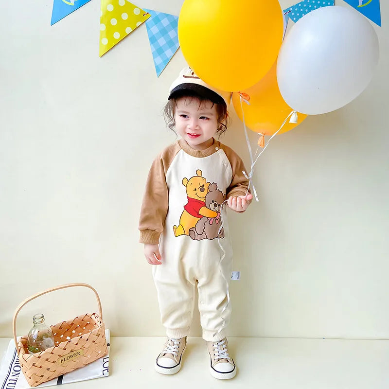 MINISO Winnie the Pooh Baby Color Matching Spring Newborn Climbing Clothes Long Sleeve Soft Cotton Kawaii Bodysuit 0-1 Years