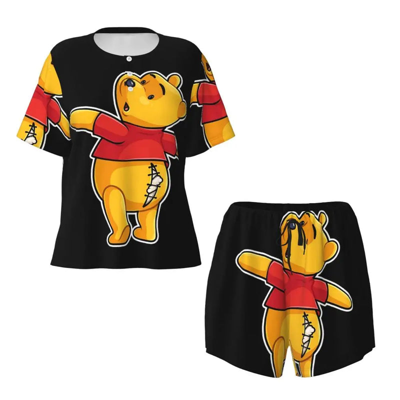 Custom Winnie The Pooh Pajama Sets Womens 2 Piece Short Sleeve Pjs Shorts Sleepwear