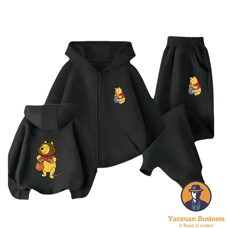 Winnie The Pooh Spring Autumn Cute 2Pcs Casual Hoodie+Pants Tracksuits 3-14 Years Boys Girls Outfits Children Clothes