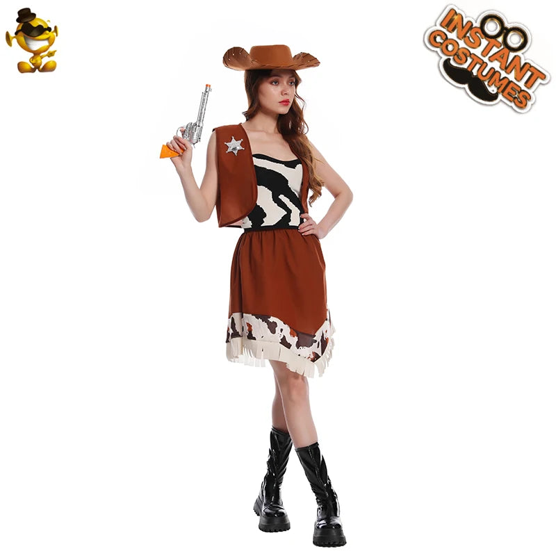 Women Cowboy Dress Western Cosgirl Costumes Adult Fancy Dress Up Carnival Masquerade Cosplay Party Outfits
