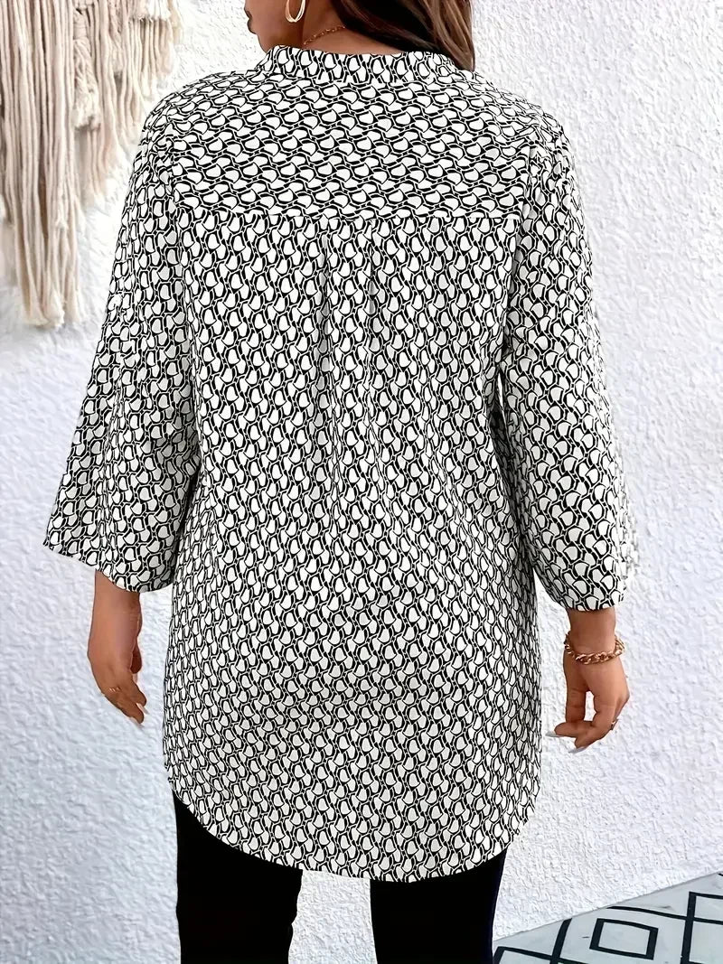 Women's Plus Size 1XL-5XL All Over Print Notch Neck Blouse Casual 3/4 Sleeve Blouse Spring & Fall Clothing