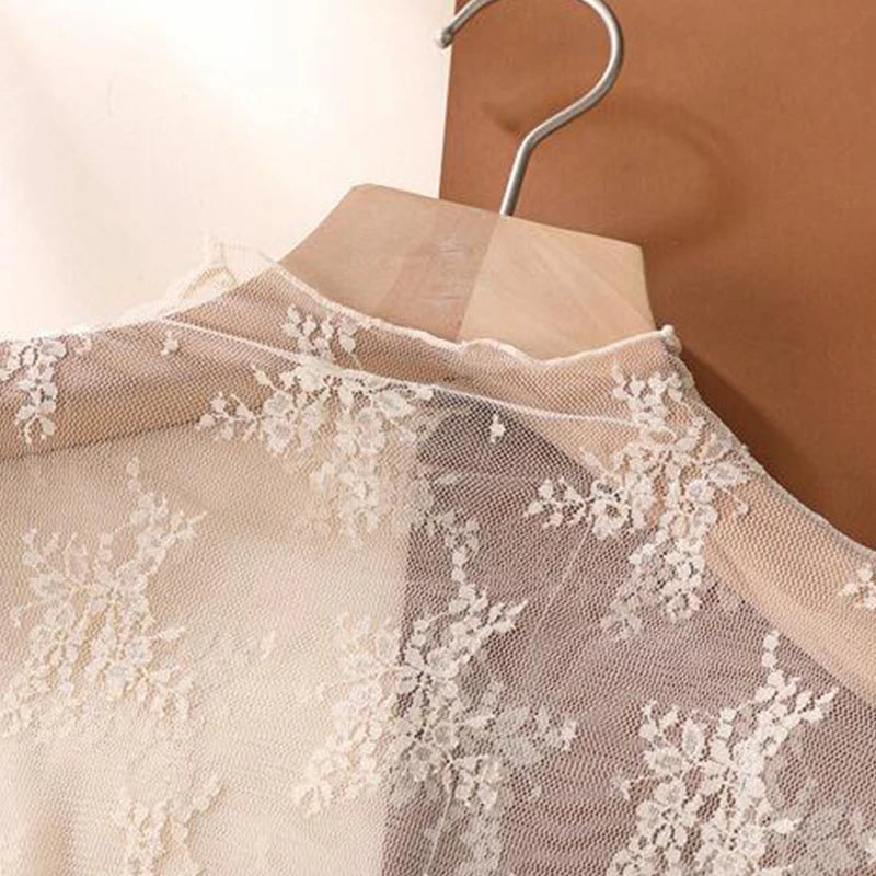 S-XL New Women Floral Lace Shirt Spring Autumn Long Sleeve Sexy Mesh Bottoming Shirts Mock Neck Blouse T-Shirt Pullover Top