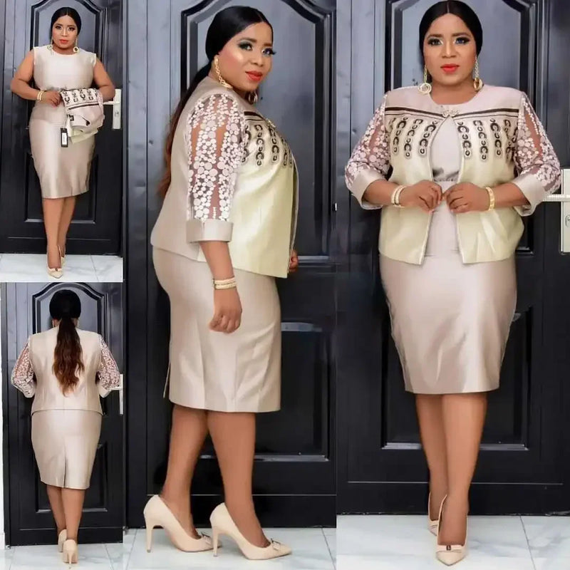 4XL 5XL Africa Plus Size Women Dress 2 Piece suit Spring Autumn New Round Neck 3/4 Sleeve Pleated Dress Large Size Clothes