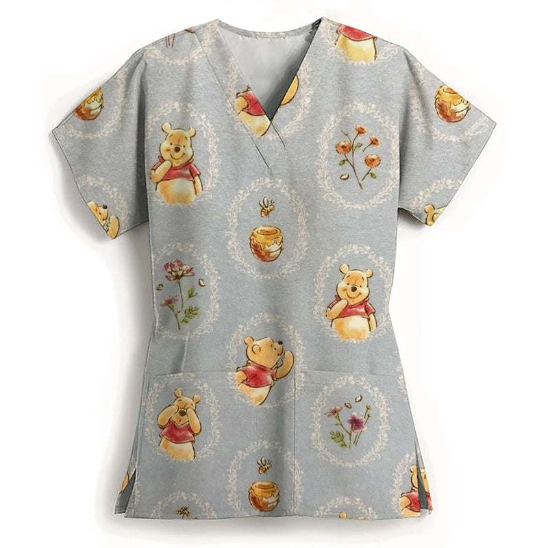 Winnie The Pooh Clinic Hospital Nurse Workwear Teeth 3D Printing T-shirt Women's V-neck Pocket Medical Clothing Nursing Top Work