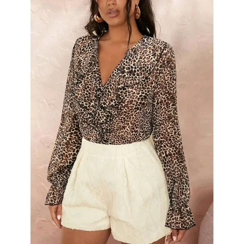 Plus Size 1XL-5XL Women's Casual V-Neck Floral Printed Button Leopard Shirt  Fashion Women's Clothing Office Lady Blouse